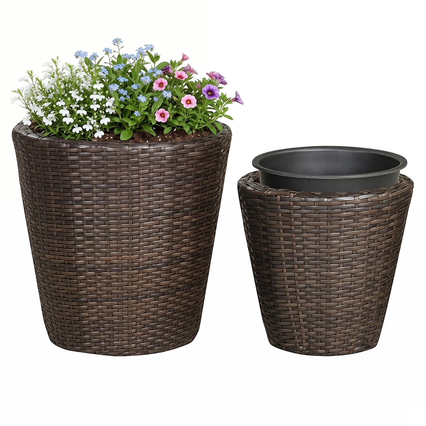 Set of 2 Plastic Taper Rattan Planters, Brown