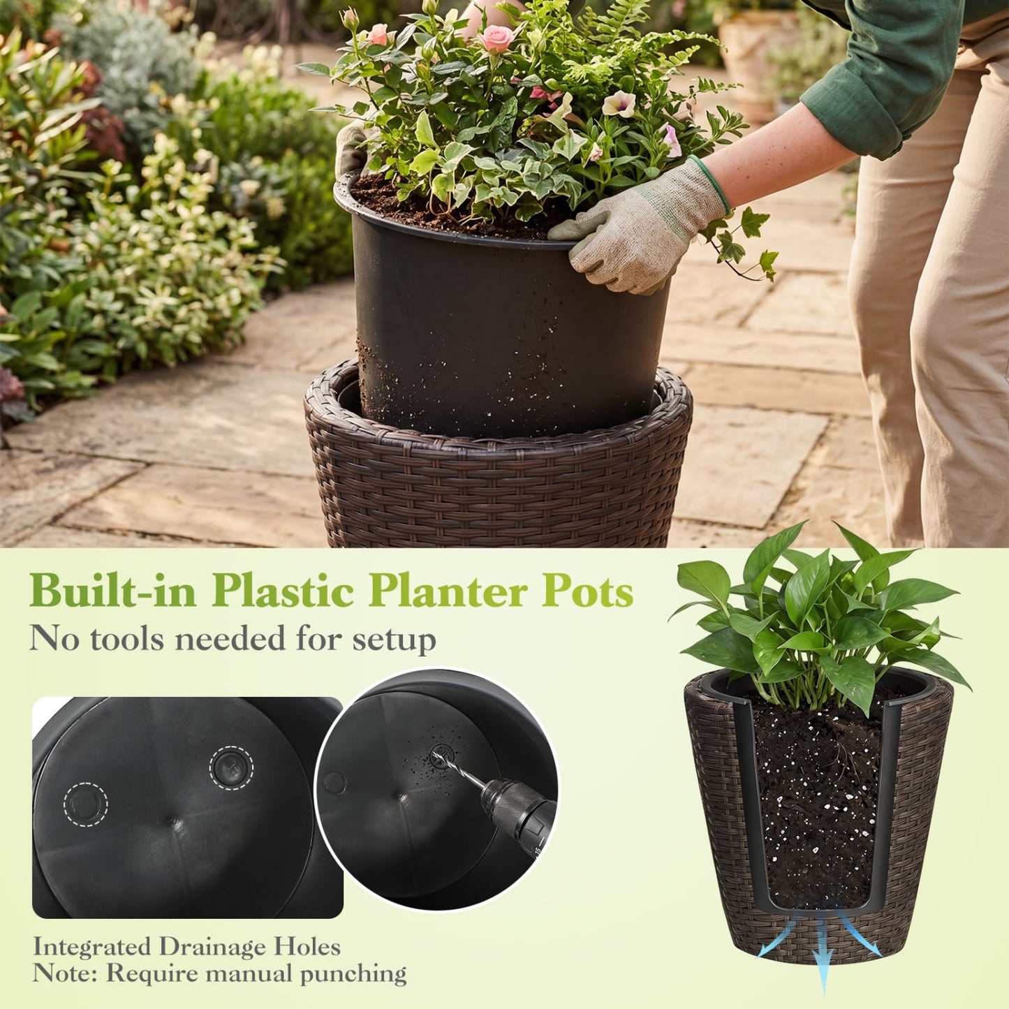 Set of 2 Plastic Taper Rattan Planters, Brown