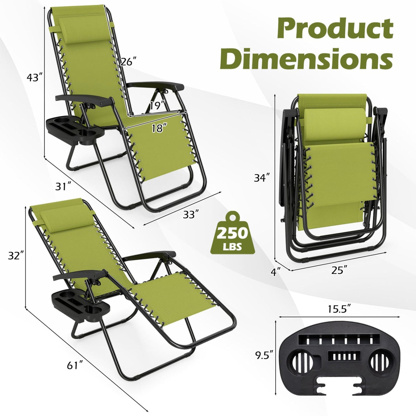 Set of 2 Portable Zero Gravity Chairs with Cup Holder Trays and Backrest , Green Beach & Lawn Chairs at Gallery Canada