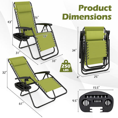 Set of 2 Portable Zero Gravity Chairs with Cup Holder Trays and Backrest , Green Beach & Lawn Chairs at Gallery Canada