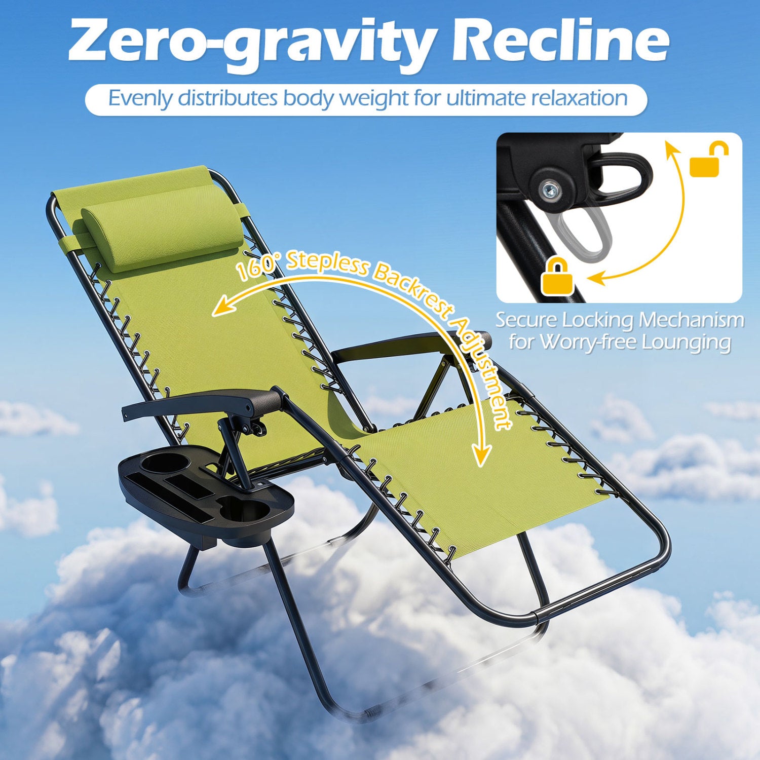 Set of 2 Portable Zero Gravity Chairs with Cup Holder Trays and Backrest , Green Beach & Lawn Chairs at Gallery Canada