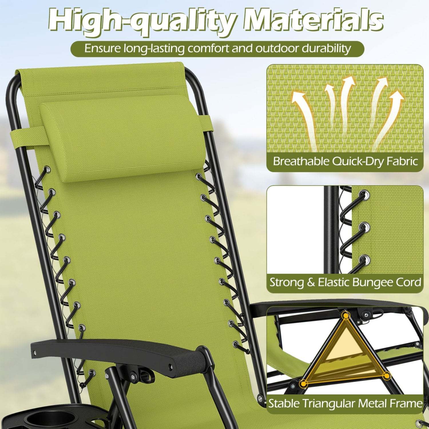 Set of 2 Portable Zero Gravity Chairs with Cup Holder Trays and Backrest , Green Beach & Lawn Chairs at Gallery Canada
