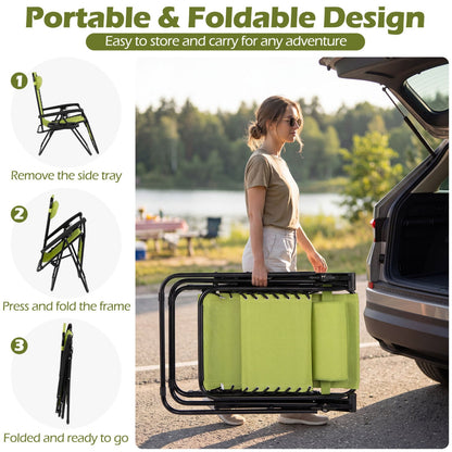 Set of 2 Portable Zero Gravity Chairs with Cup Holder Trays and Backrest , Green Beach & Lawn Chairs at Gallery Canada