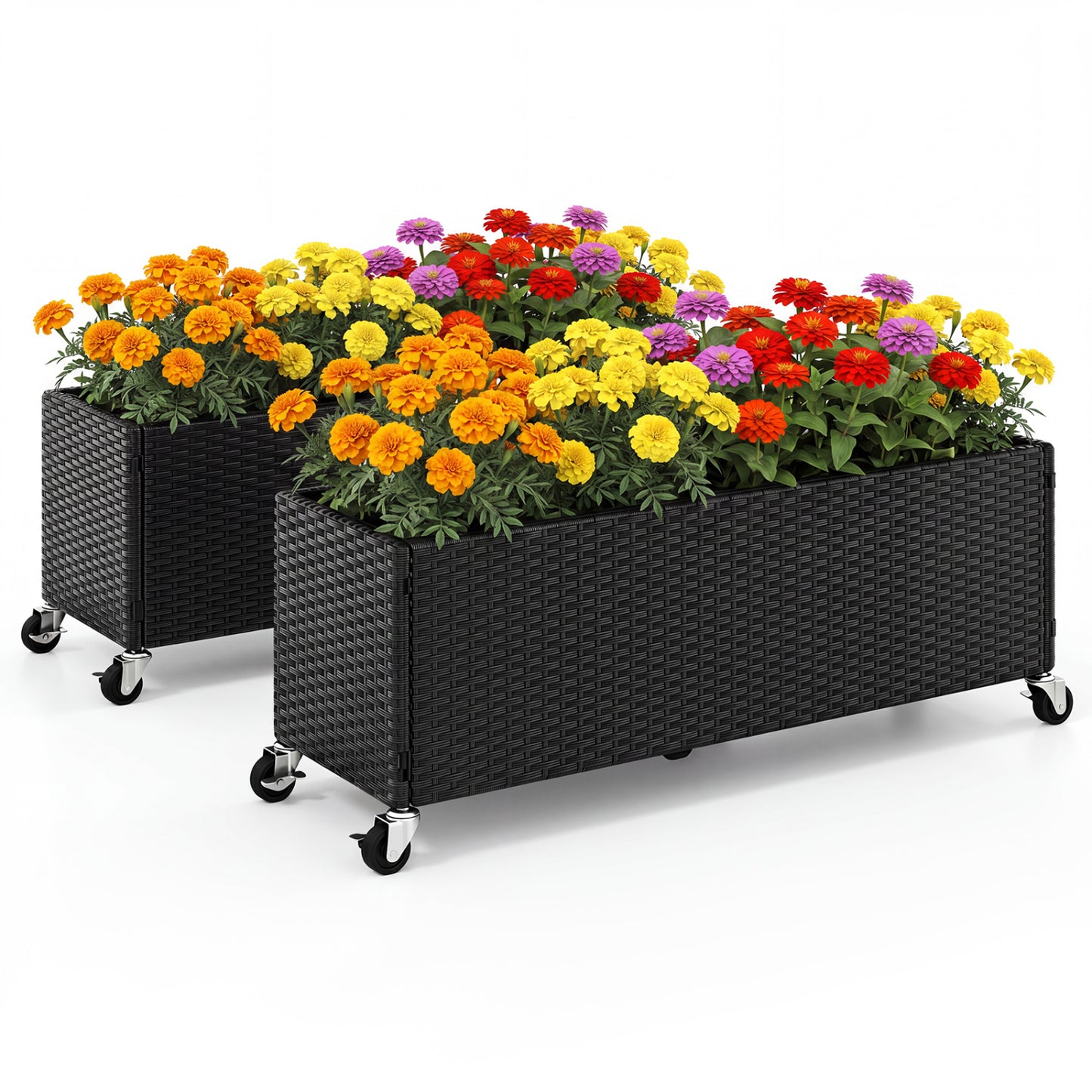 Ensemble de 2 jardinières surélevées, en rotin PE, avec doublure et roues