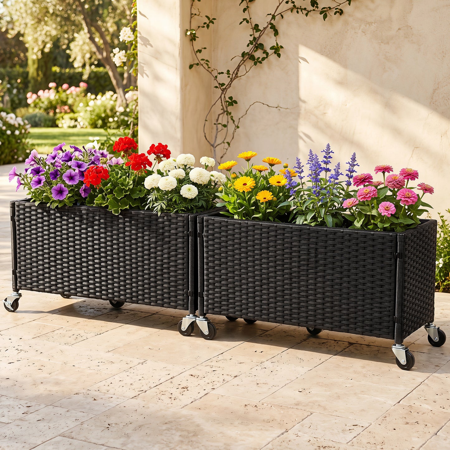 Ensemble de 2 jardinières surélevées, en rotin PE, avec doublure et roues