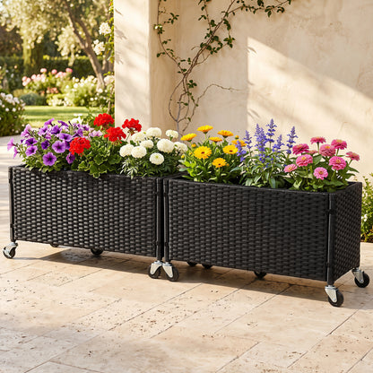Ensemble de 2 jardinières surélevées, en rotin PE, avec doublure et roues