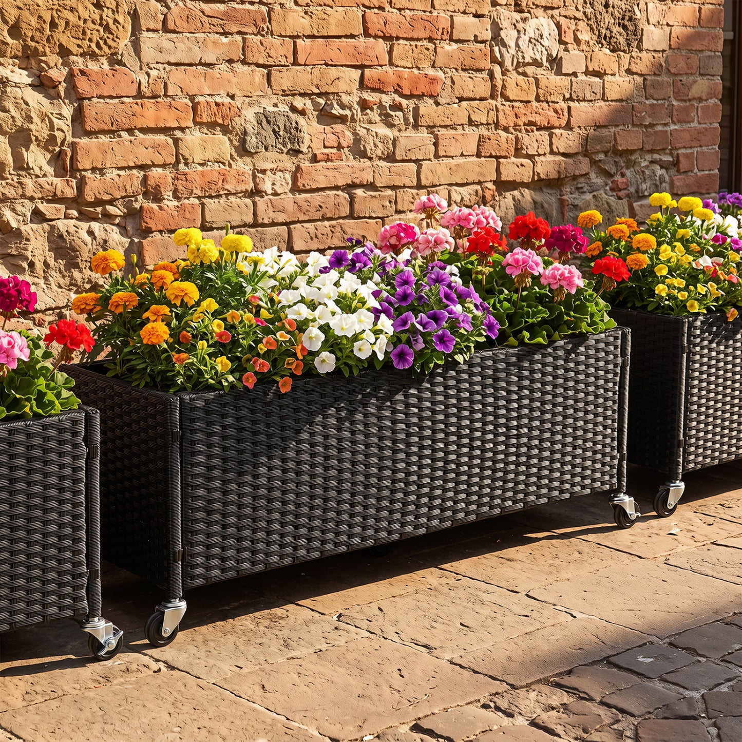 Ensemble de 2 jardinières surélevées, en rotin PE, avec doublure et roues