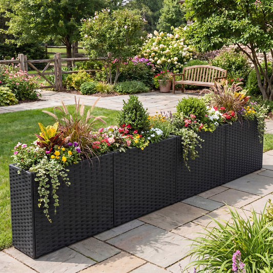 Set of 2 Raised Garden Beds, PE Rattan Wicker, with Liner Raised Garden Beds Black at Gallery Canada