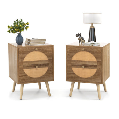 Set of 2 Rattan Nightstand with 2 Drawers and Solid Wood Legs-Natual, Natural Nightstands at Gallery Canada
