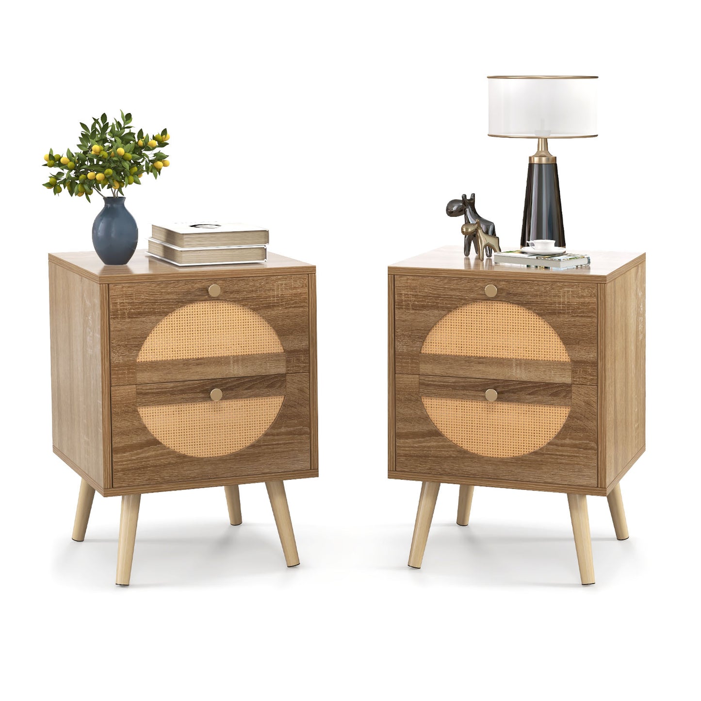 Set of 2 Rattan Nightstands, 2 Drawers, Solid Wood Legs, Natural Nightstands Natural at Gallery Canada