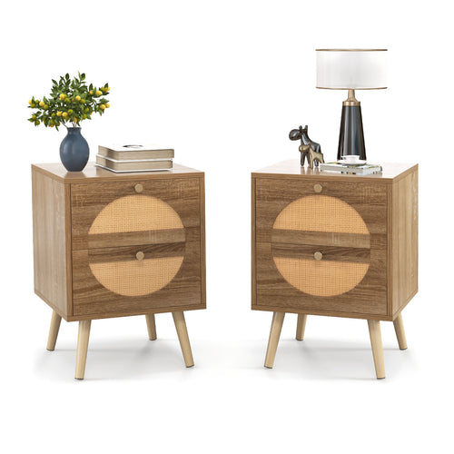Set of 2 Rattan Nightstands, 2 Drawers, Solid Wood Legs, Natural