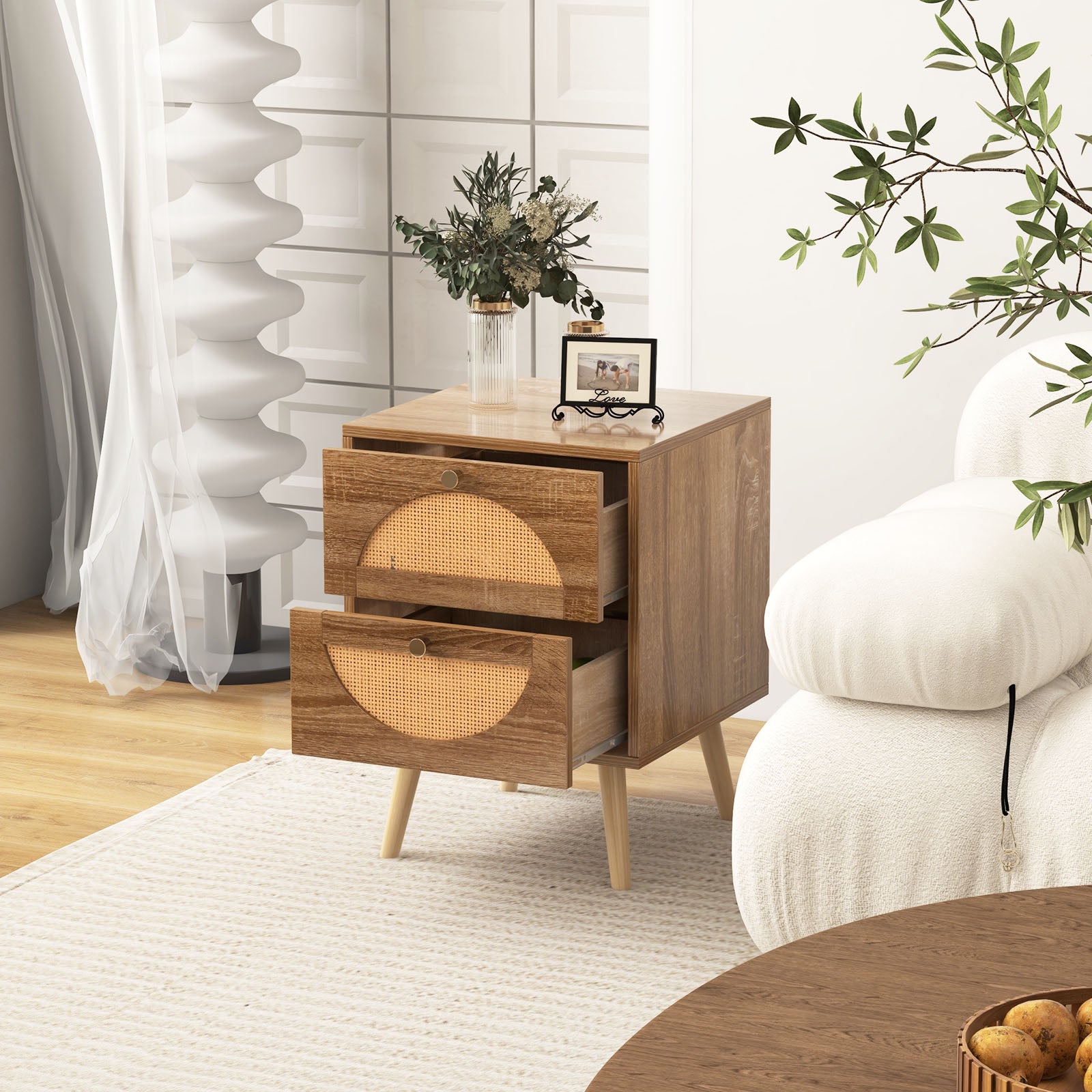 Set of 2 Rattan Nightstand with 2 Drawers and Solid Wood Legs-Natual, Natural Nightstands at Gallery Canada