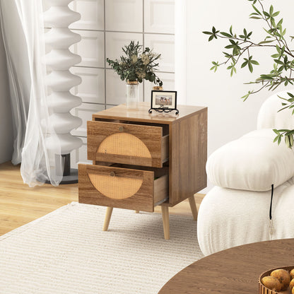 Set of 2 Rattan Nightstand with 2 Drawers and Solid Wood Legs-Natual, Natural Nightstands at Gallery Canada