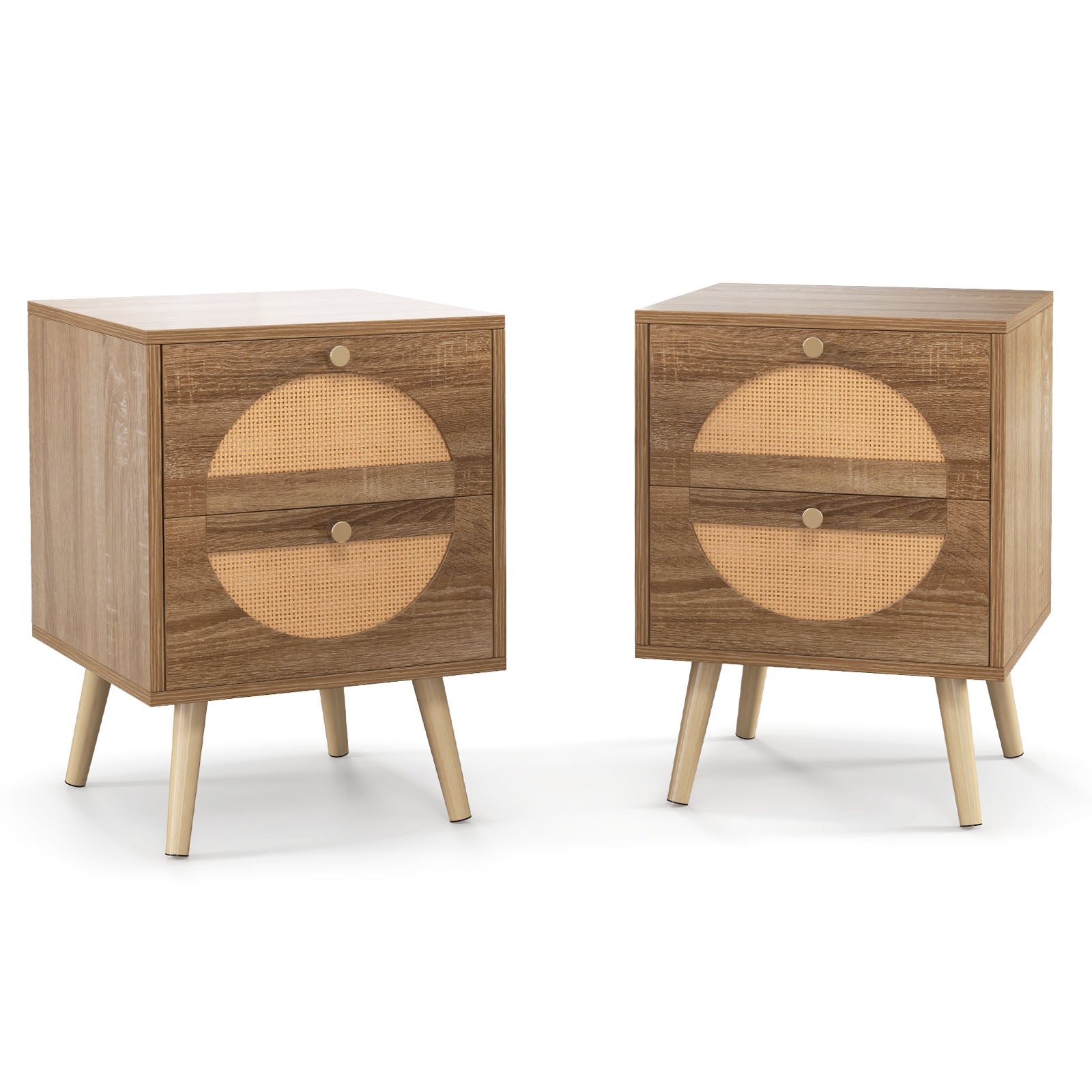 Set of 2 Rattan Nightstand with 2 Drawers and Solid Wood Legs-Natual, Natural Nightstands at Gallery Canada