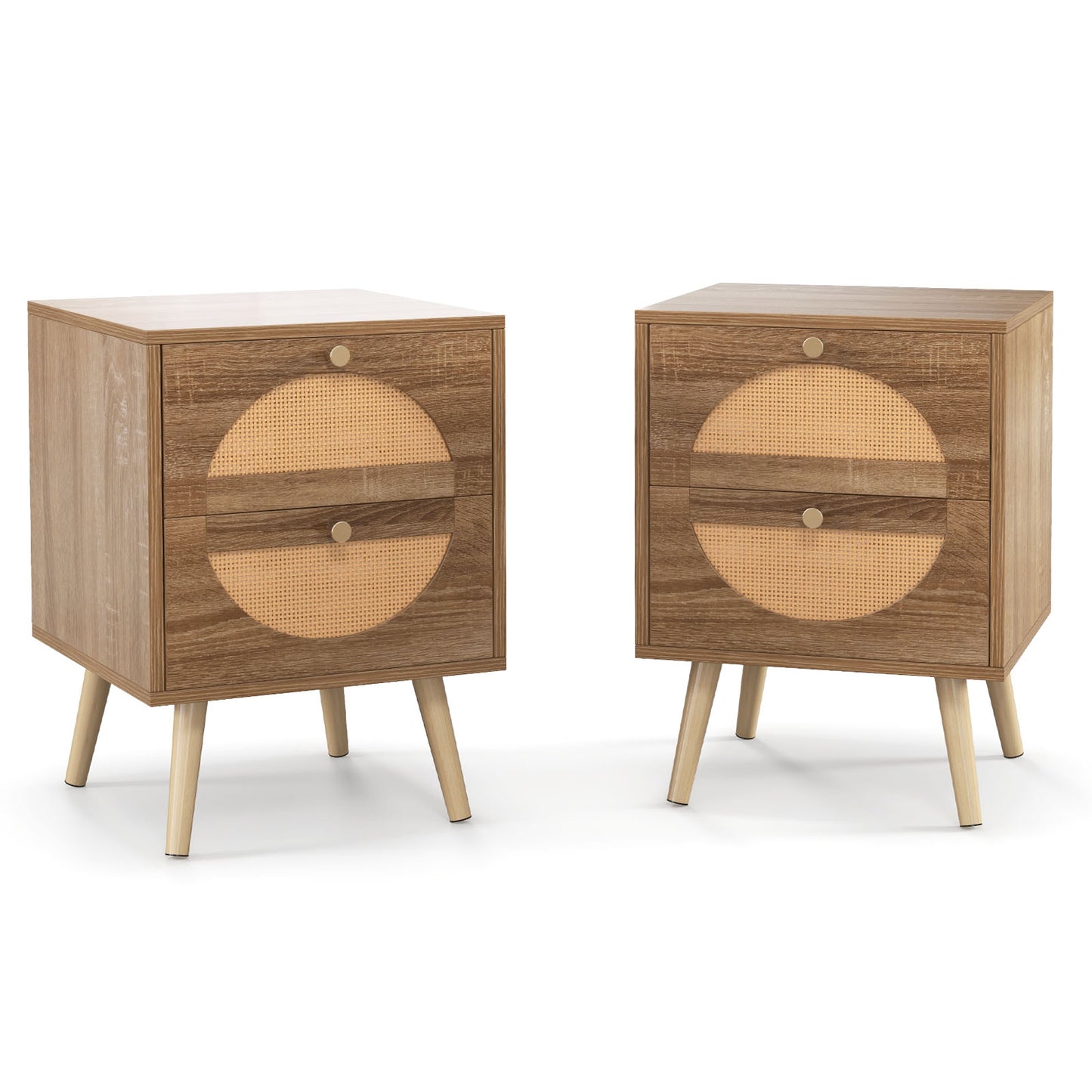 Set of 2 Rattan Nightstand with 2 Drawers and Solid Wood Legs-Natual, Natural Nightstands at Gallery Canada