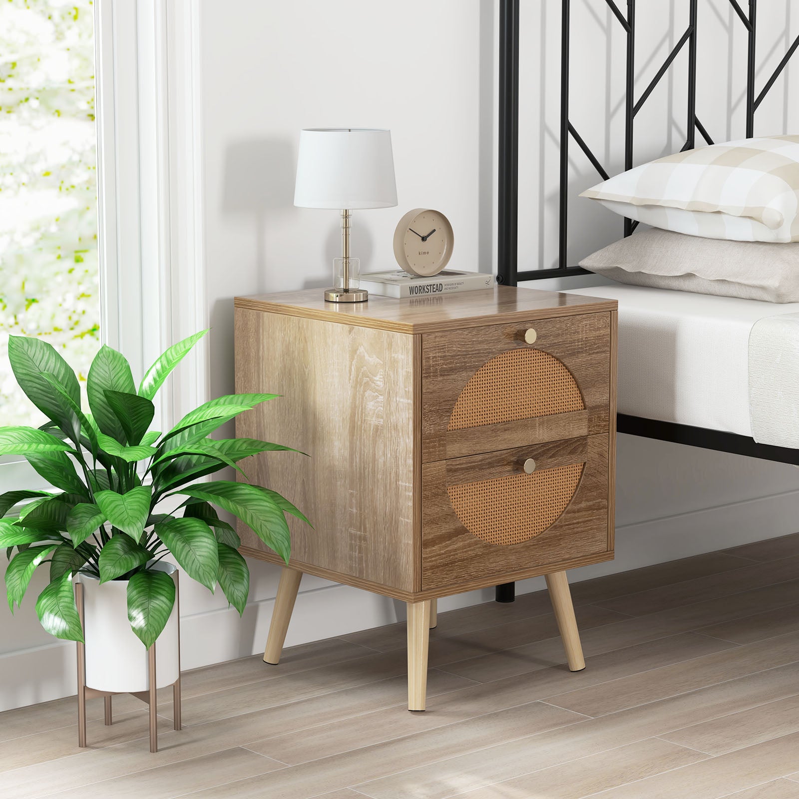 Set of 2 Rattan Nightstands, 2 Drawers, Solid Wood Legs, Natural Nightstands at Gallery Canada
