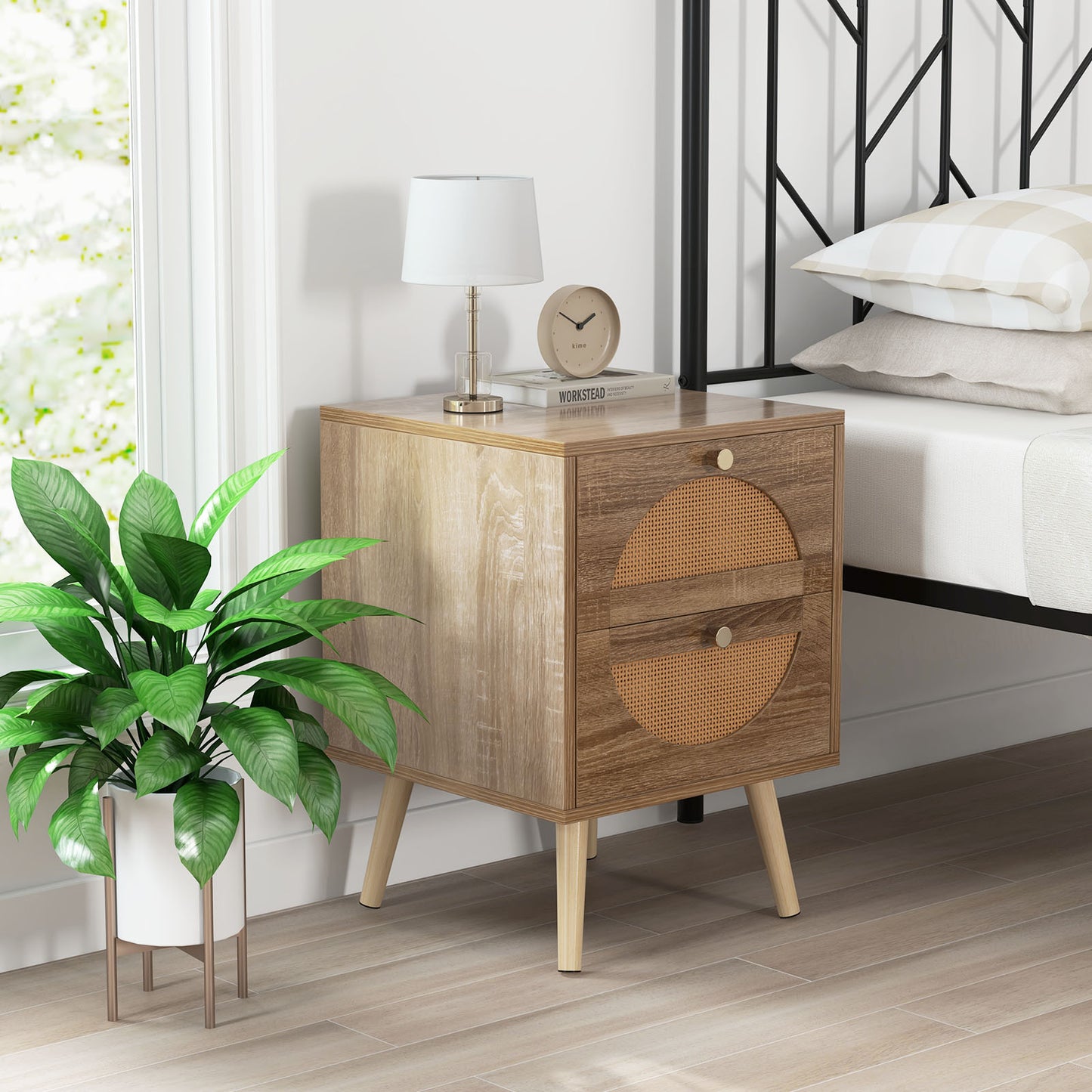 Set of 2 Rattan Nightstands, 2 Drawers, Solid Wood Legs, Natural Nightstands at Gallery Canada