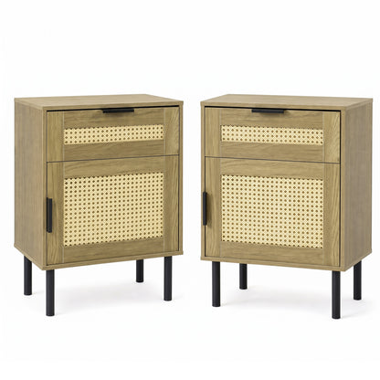Ensemble de 2 tables de nuit en rotin avec tiroir, naturel
