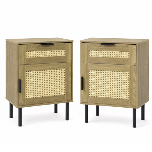 Set of 2 Rattan Nightstands with Drawer, Natural
