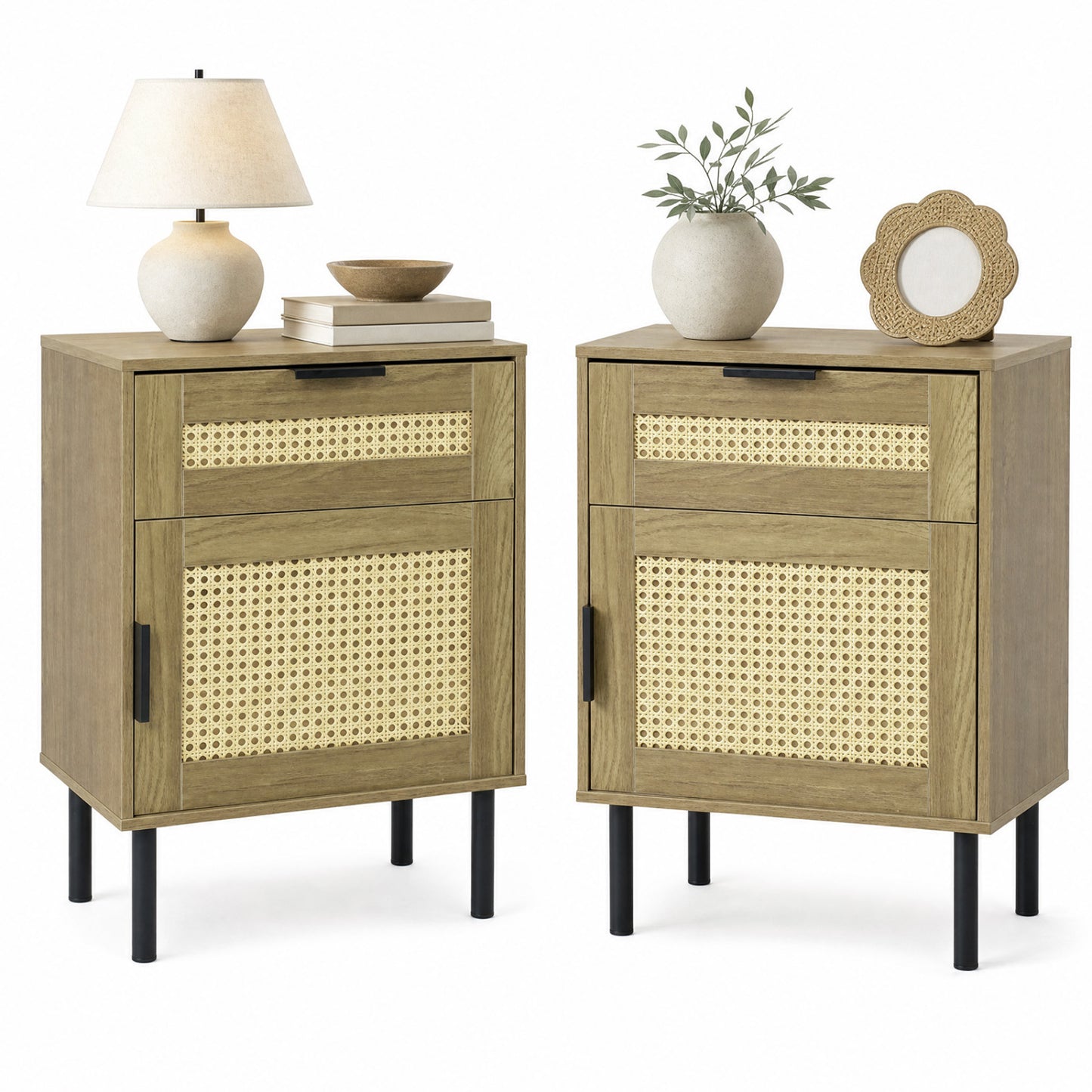 Ensemble de 2 tables de nuit en rotin avec tiroir, naturel
