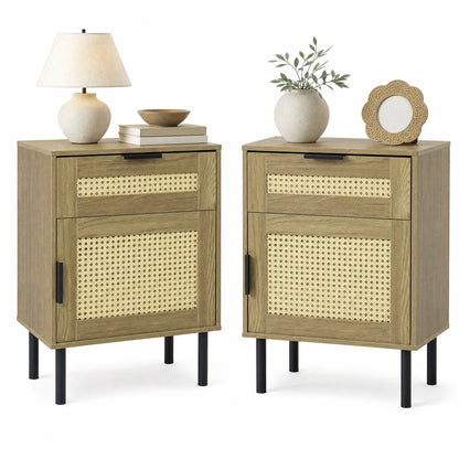 Ensemble de 2 tables de nuit en rotin avec tiroir, naturel