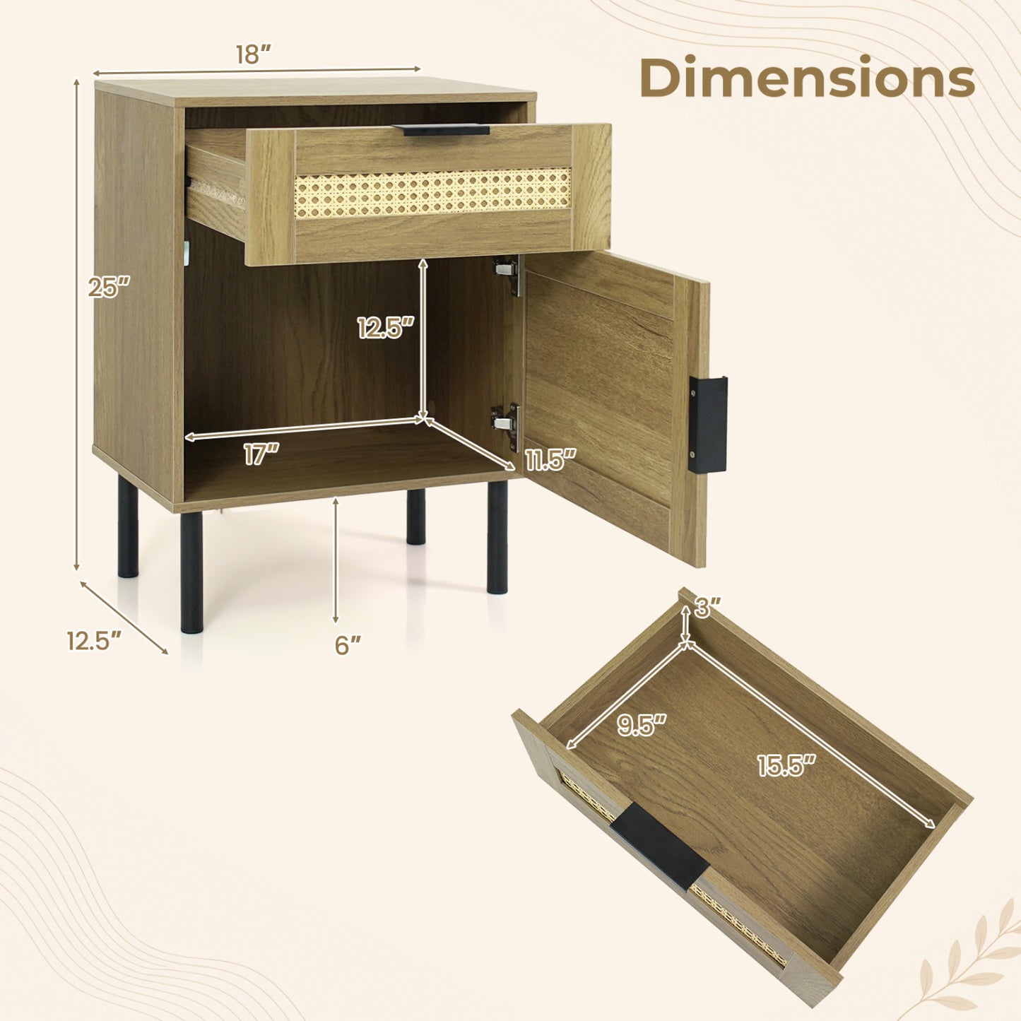 Ensemble de 2 tables de nuit en rotin avec tiroir, naturel