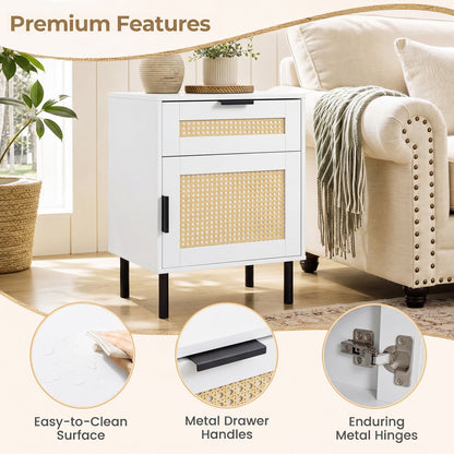 Set of 2 Rattan Nightstands with Drawer & Cabinet, White Nightstands at Gallery Canada