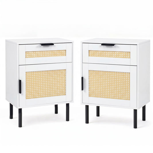 Set of 2 Rattan Nightstands with Drawer & Cabinet, White Nightstands White at Gallery Canada