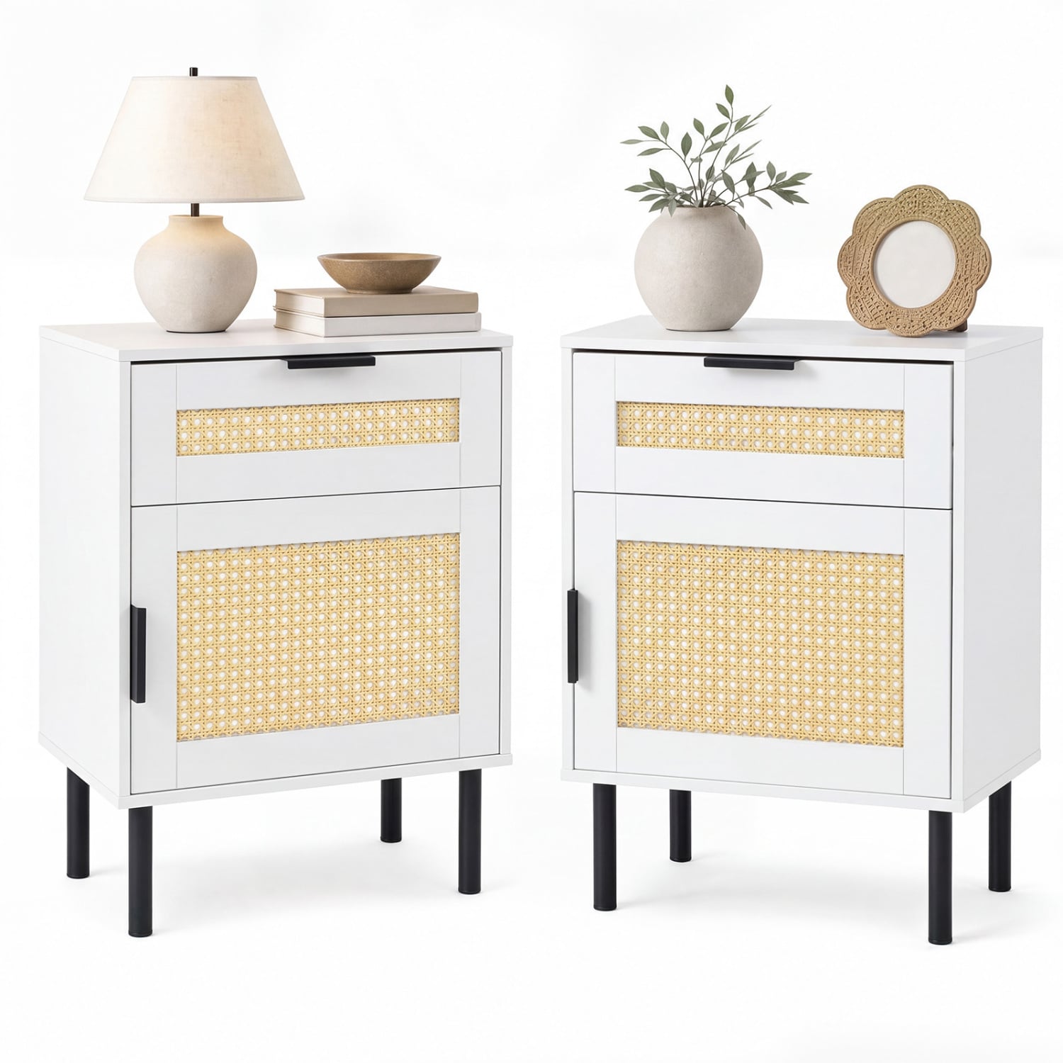 Set of 2 Rattan Nightstands with Drawer & Cabinet, White Nightstands at Gallery Canada