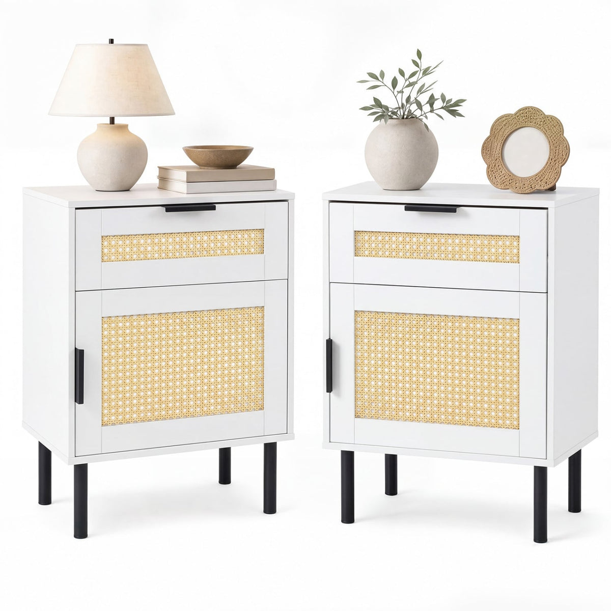 Set of 2 Rattan Nightstands with Drawer & Cabinet, White Nightstands at Gallery Canada