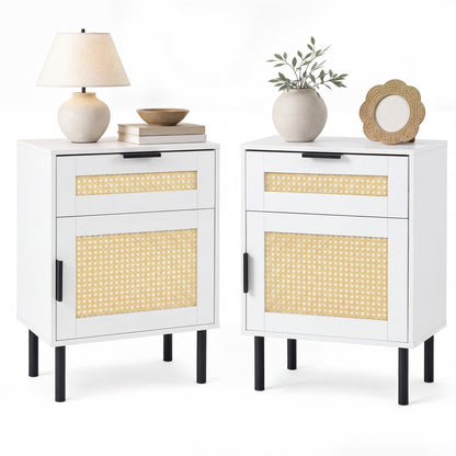 Set of 2 Rattan Nightstands with Drawer & Cabinet, White Nightstands at Gallery Canada