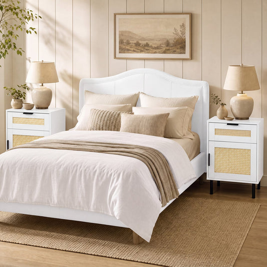Set of 2 Rattan Nightstands with Drawer & Cabinet, White Nightstands White at Gallery Canada