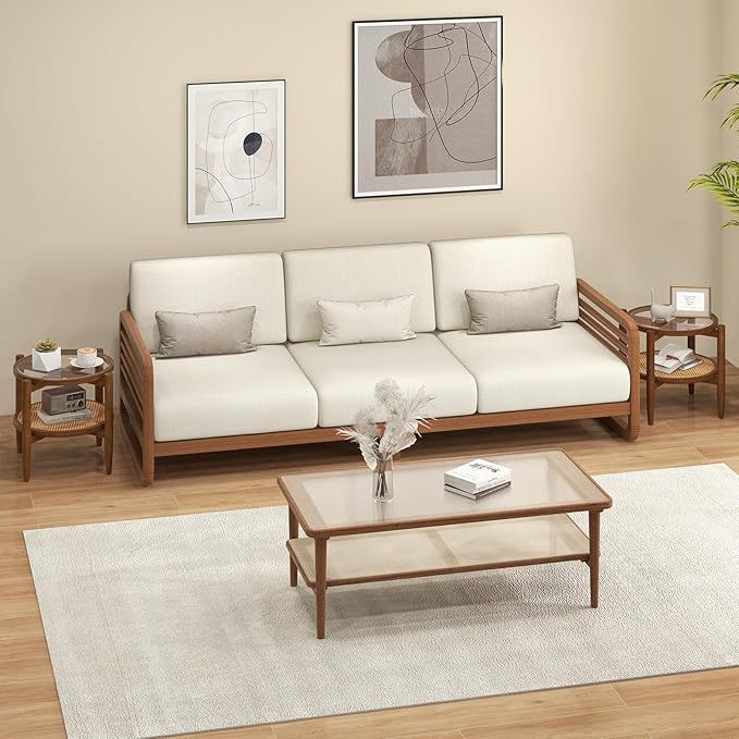 Set of 2 Rattan Round Side End Table with Tempered Glass Tabletop, Walnut End & Side Tables at Gallery Canada