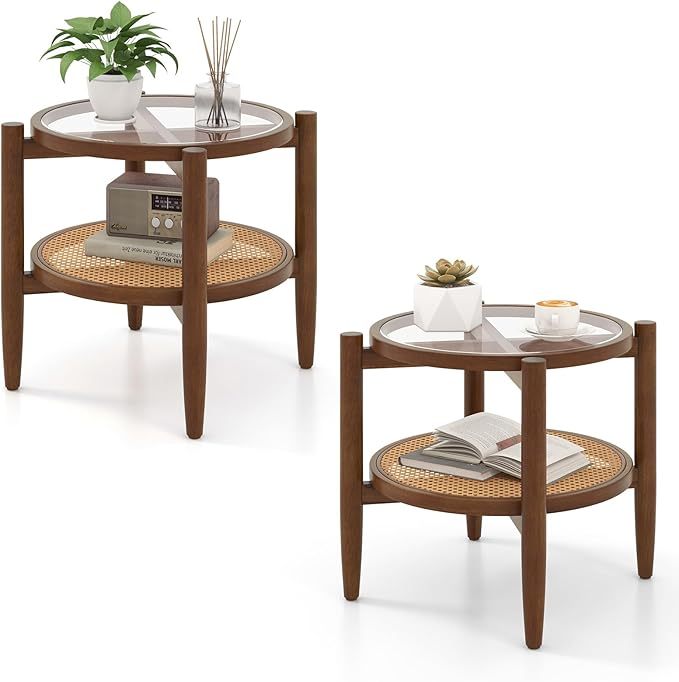 Set of 2 Rattan Round Side End Table with Tempered Glass Tabletop, Walnut End & Side Tables Walnut at Gallery Canada
