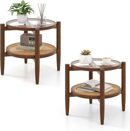Set of 2 Rattan Round Side End Table with Tempered Glass Tabletop, Walnut End & Side Tables Walnut at Gallery Canada
