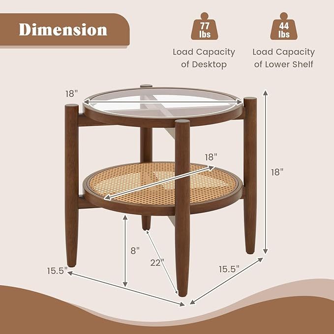 Set of 2 Rattan Round Side End Table with Tempered Glass Tabletop, Walnut End & Side Tables at Gallery Canada