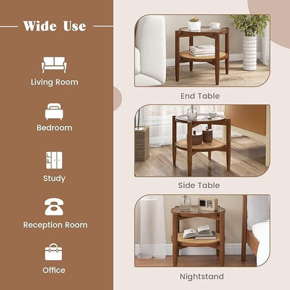 Set of 2 Rattan Round Side End Table with Tempered Glass Tabletop, Walnut End & Side Tables at Gallery Canada
