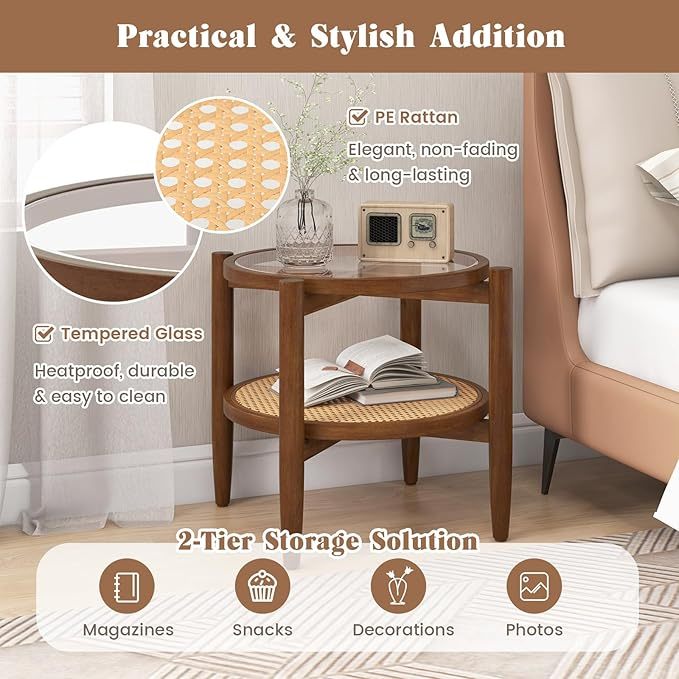 Set of 2 Rattan Round Side End Table with Tempered Glass Tabletop, Walnut End & Side Tables at Gallery Canada