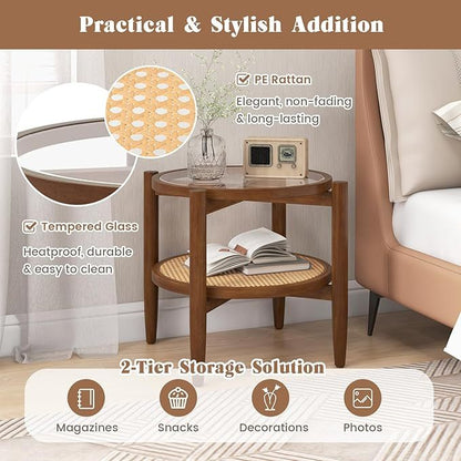 Set of 2 Rattan Round Side End Table with Tempered Glass Tabletop, Walnut End & Side Tables at Gallery Canada