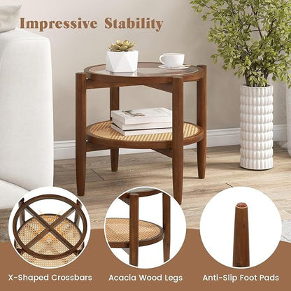 Set of 2 Rattan Round Side End Table with Tempered Glass Tabletop, Walnut End & Side Tables at Gallery Canada