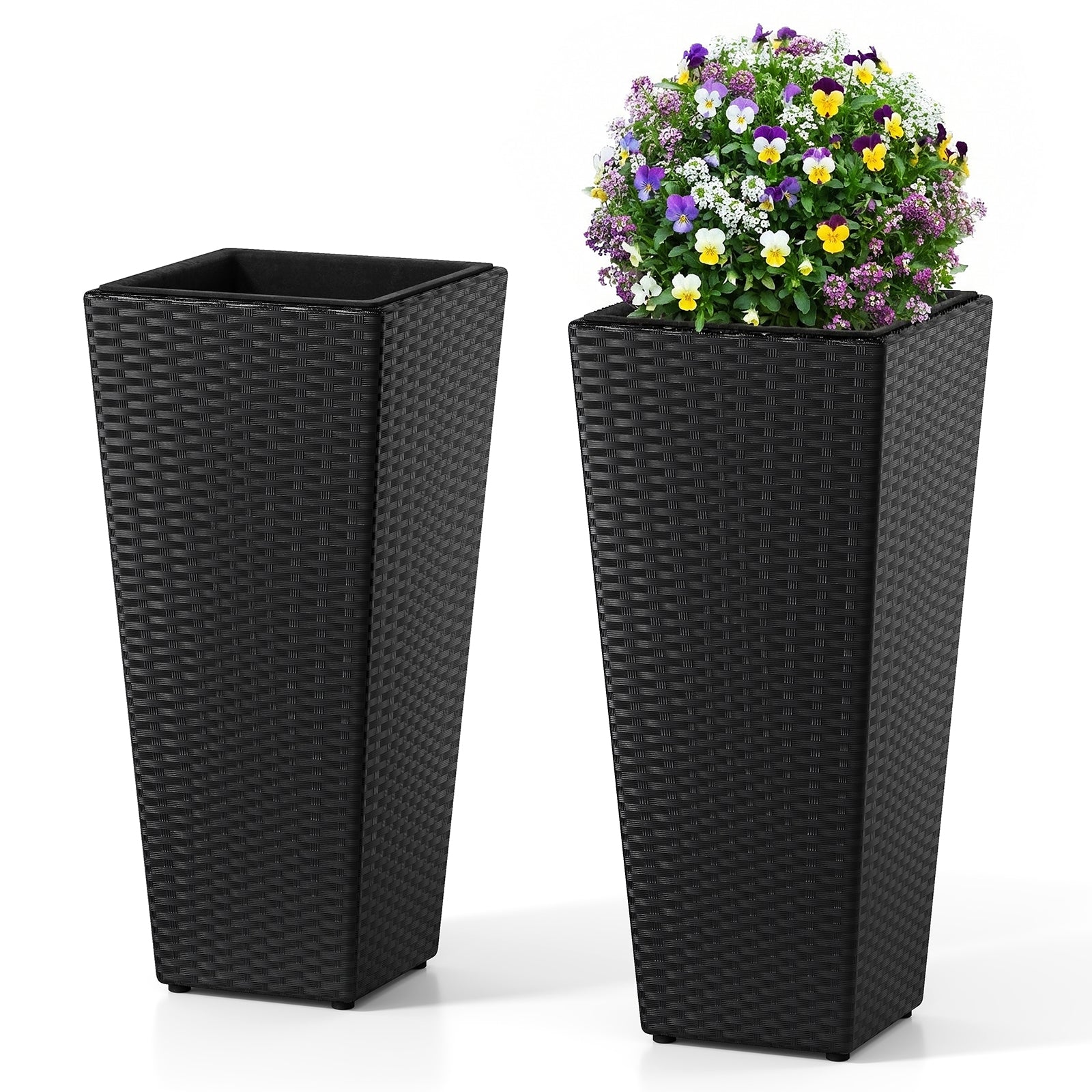 Set of 2 Rattan Tall Plant Pots with Detachable Plastic Liners, Black Raised Garden Beds Black at Gallery Canada