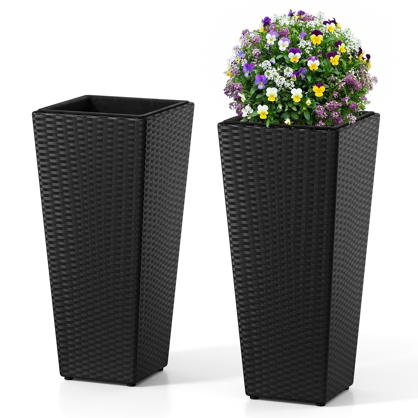 Set of 2 Rattan Tall Plant Pots with Detachable Plastic Liners, Black Raised Garden Beds Black at Gallery Canada