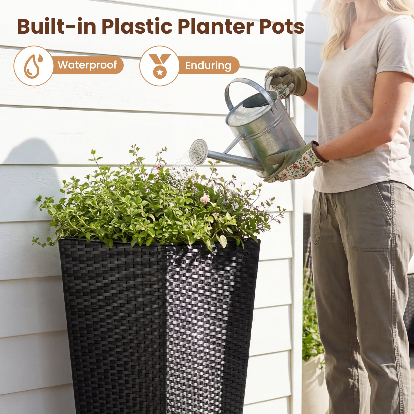 Set of 2 Rattan Tall Plant Pots with Detachable Plastic Liners, Black Raised Garden Beds at Gallery Canada