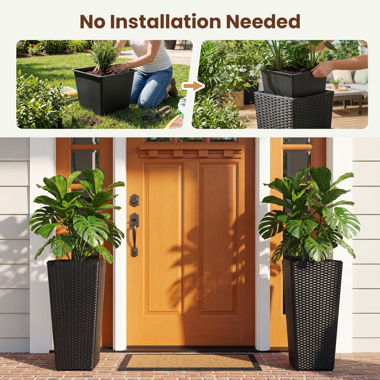 Set of 2 Rattan Tall Plant Pots with Detachable Plastic Liners, Black Raised Garden Beds at Gallery Canada