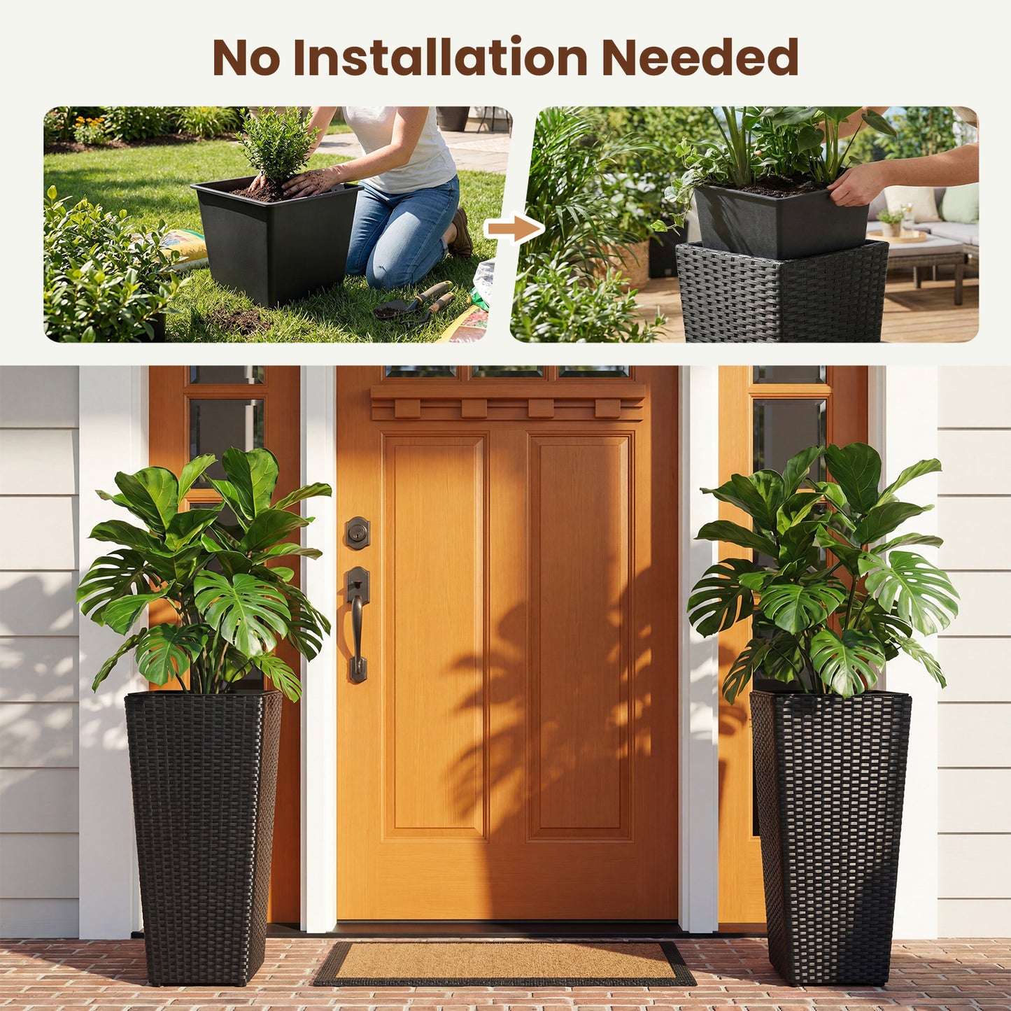 Set of 2 Rattan Tall Plant Pots with Detachable Plastic Liners, Black Raised Garden Beds at Gallery Canada