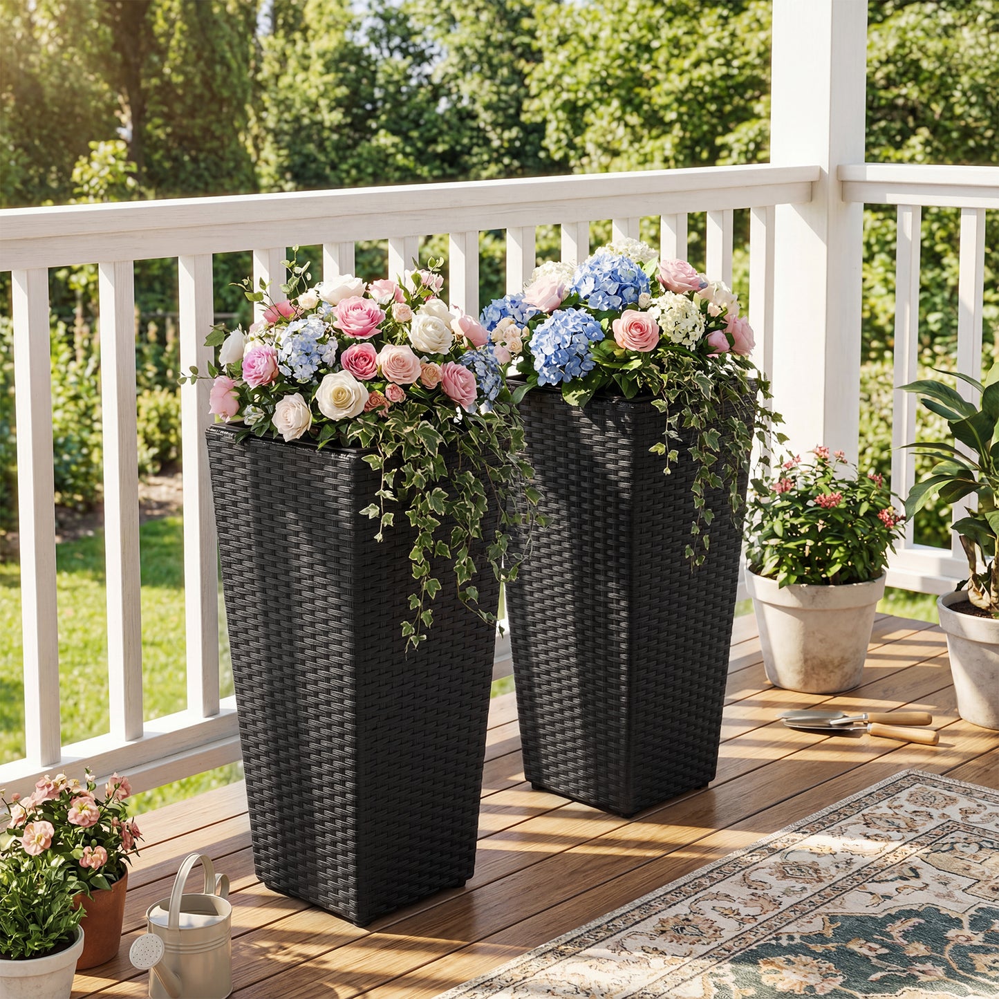 Set of 2 Rattan Tall Plant Pots with Detachable Plastic Liners, Black Raised Garden Beds at Gallery Canada