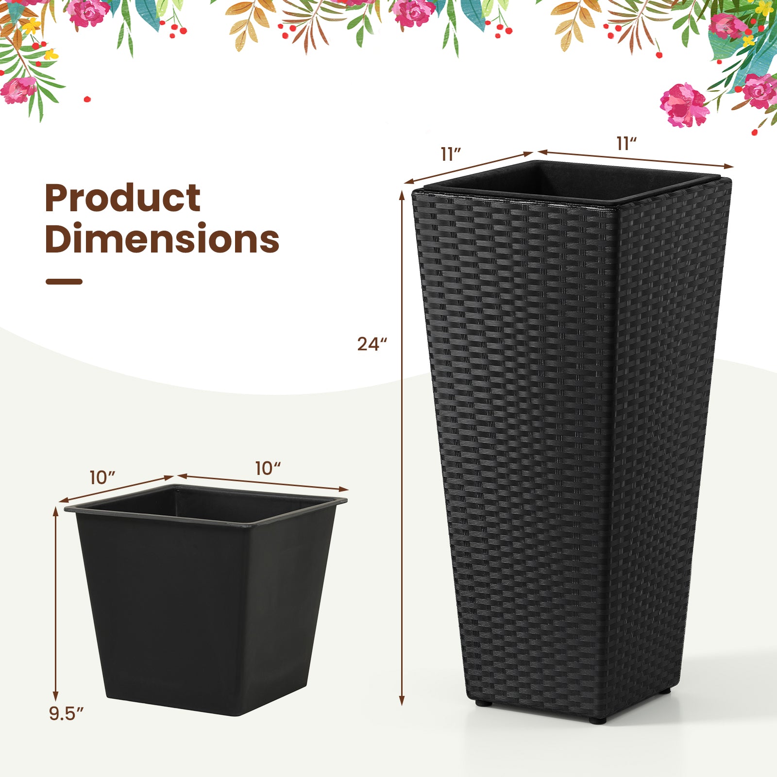 Set of 2 Rattan Tall Plant Pots with Detachable Plastic Liners, Black Raised Garden Beds at Gallery Canada
