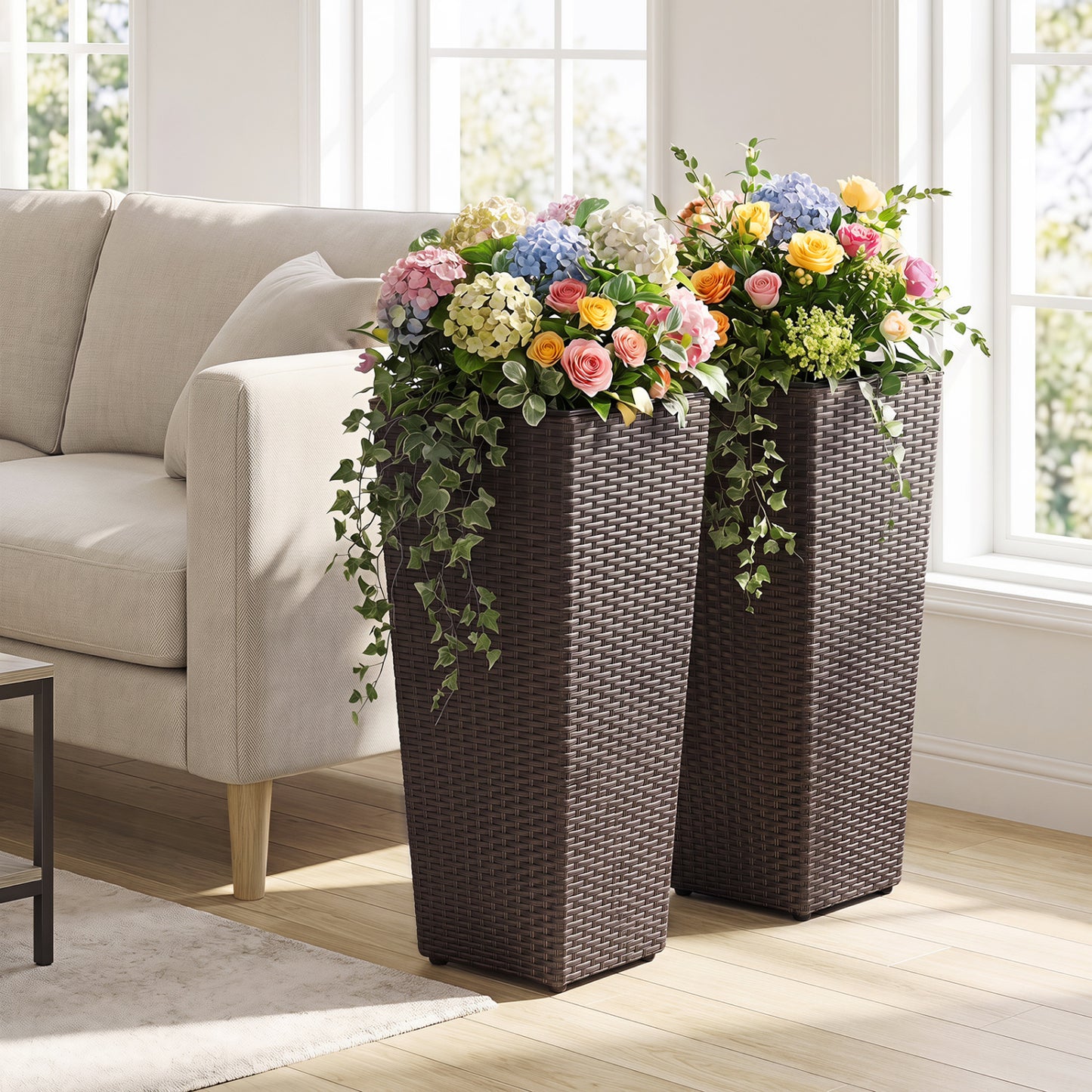 Rattan Tall Plant Pots Set of 2, Brown