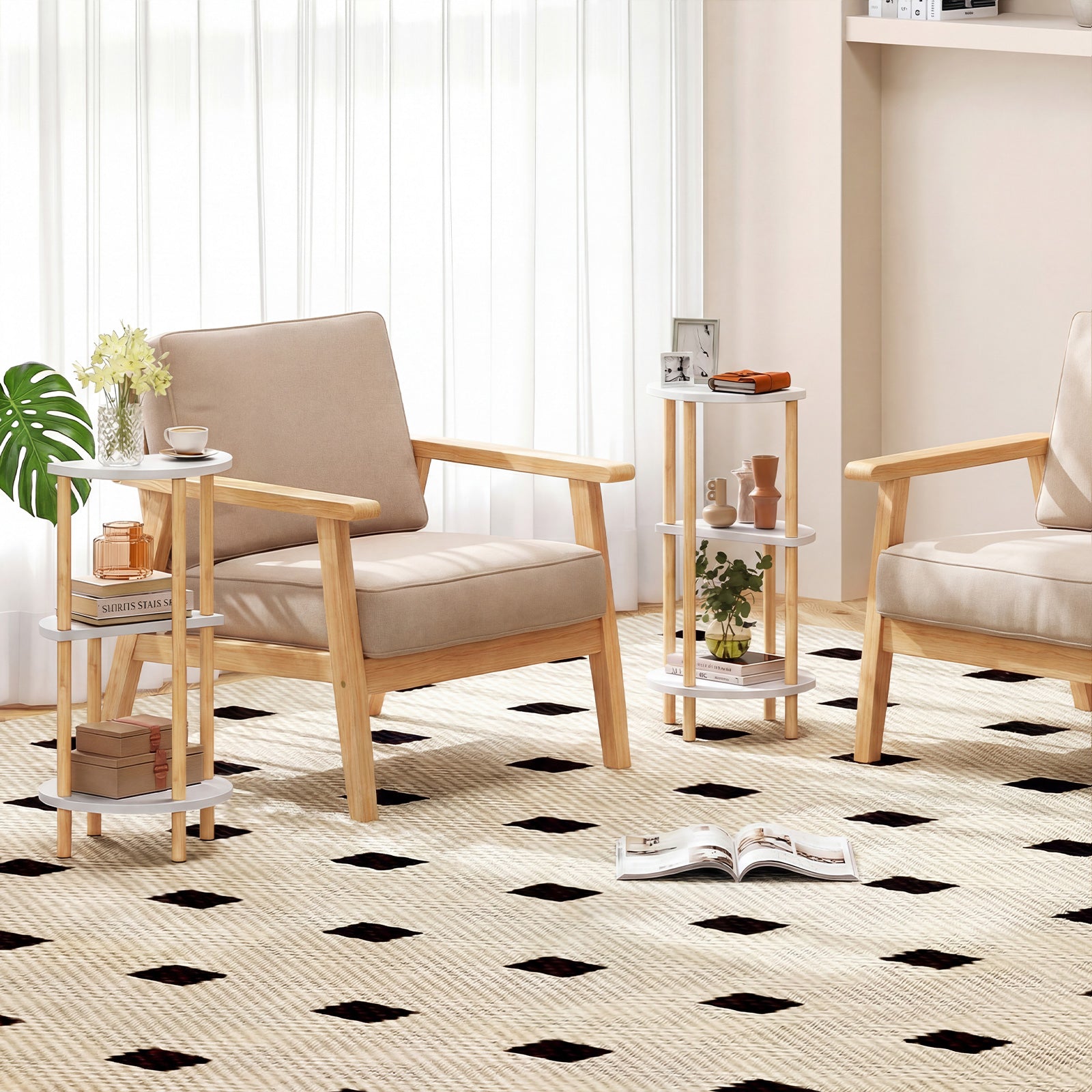 Set of 2 Round Side Table Compact with 3-Tier Shelves and Bamboo Construction, White End & Side Tables at Gallery Canada
