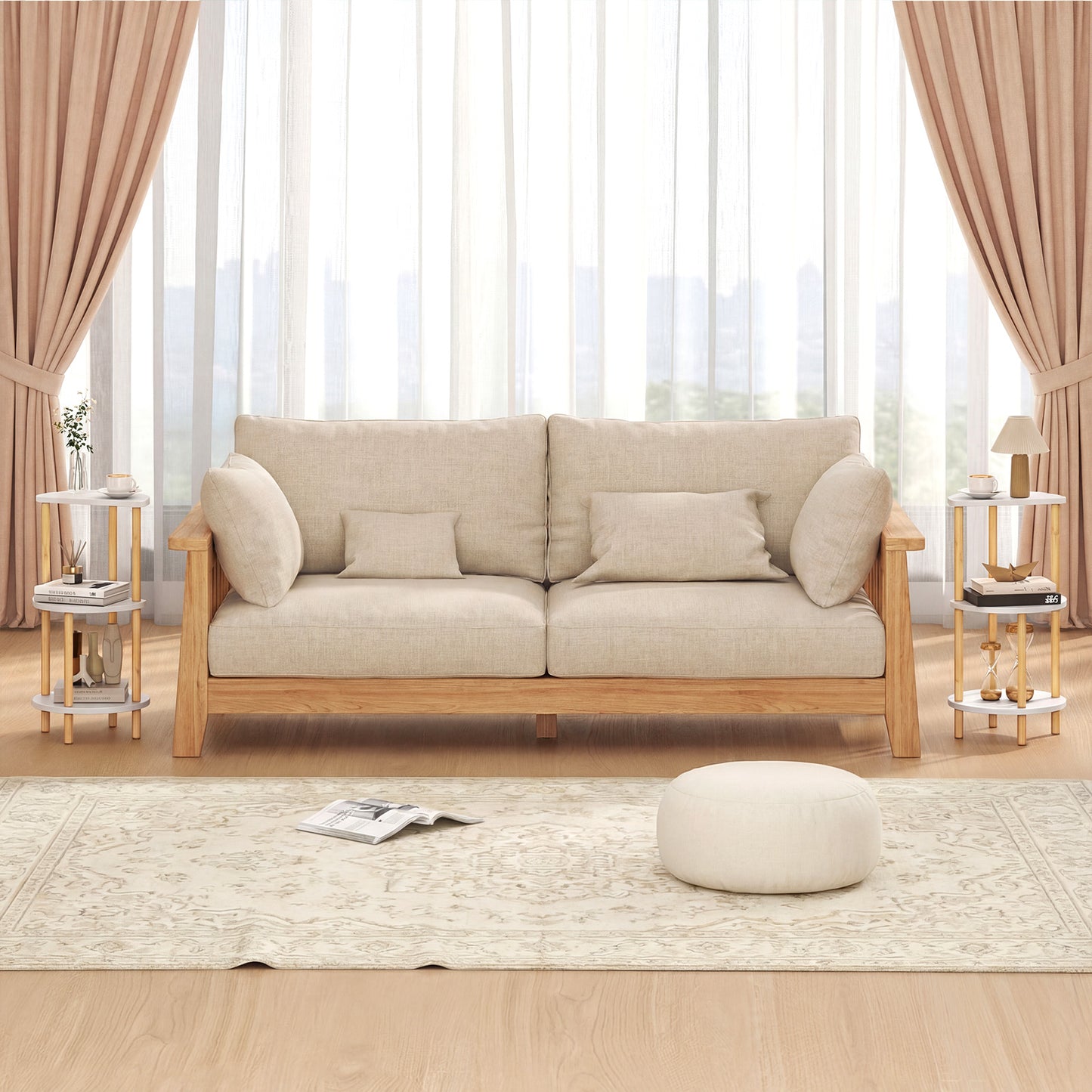 Set of 2 Round Side Table Compact with 3-Tier Shelves and Bamboo Construction, White End & Side Tables at Gallery Canada
